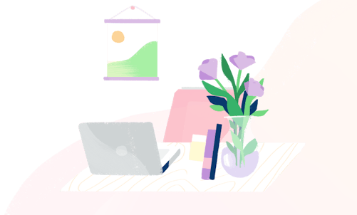 Illustration: a vase with flowers sits on a desk with a laptop computer and books