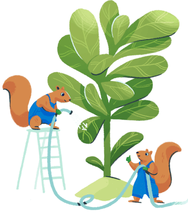 Illustration: two squirrels taking care of a big plant