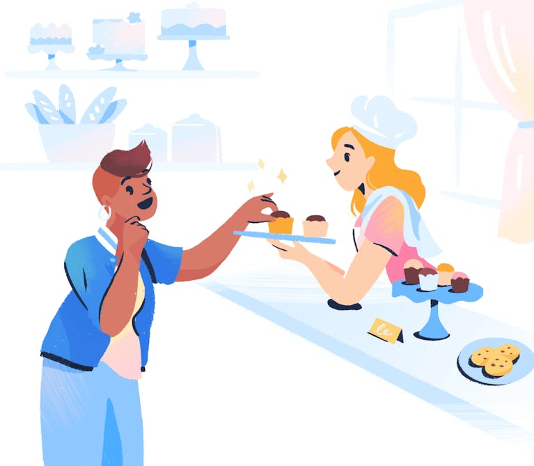 Illustration: Person being served a cupcake by a baker