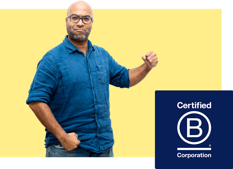 B Corp logo (and photo of Javier)
