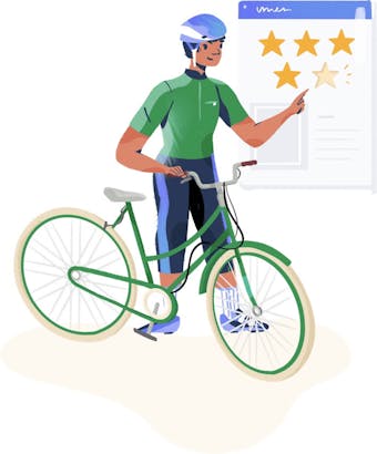 Illustration: Person with a bike gives a star rating.
