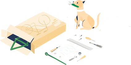 Illustration: A cat holds a wrench from a bike kit.