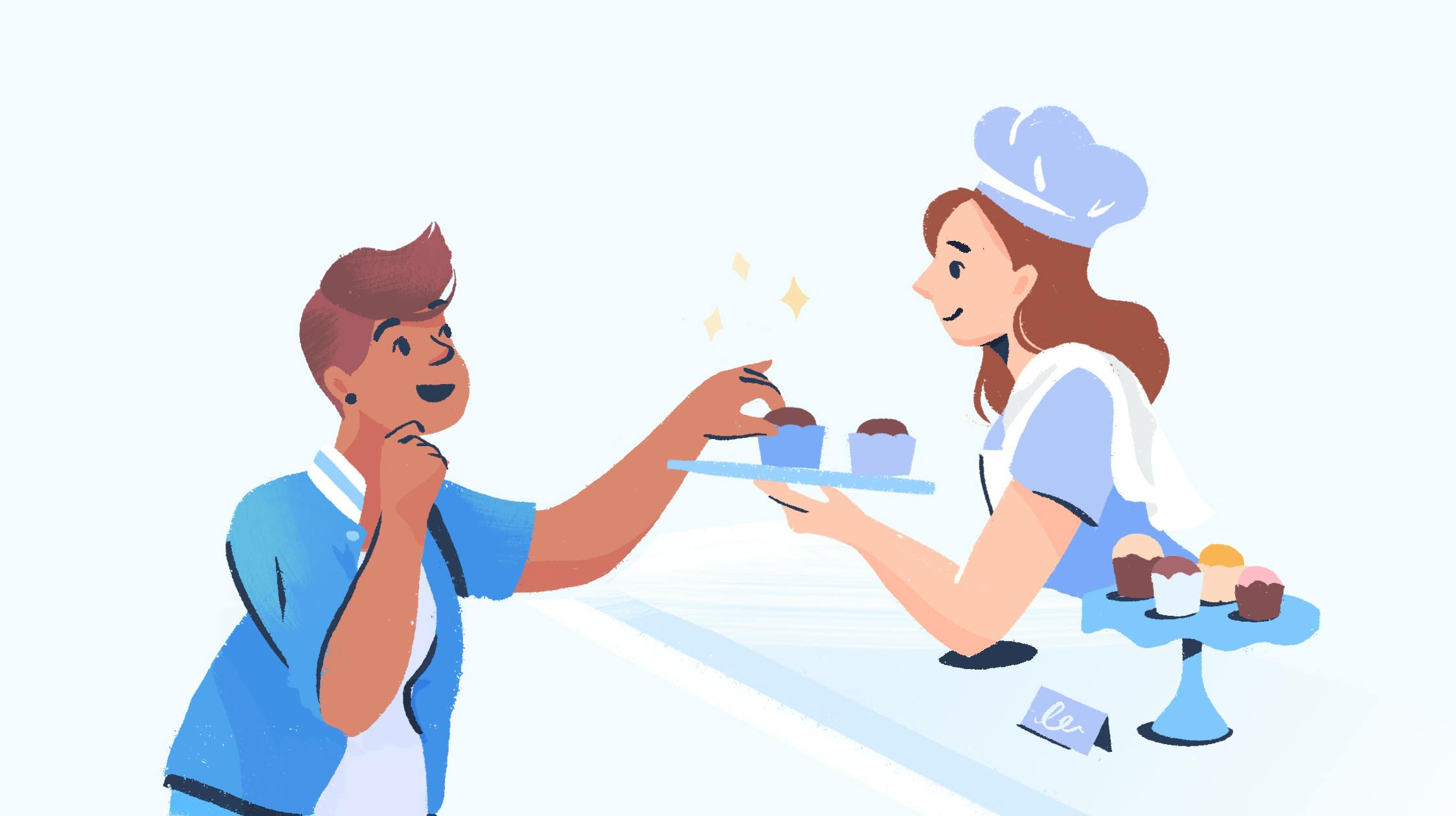 happy customer having cupcakes